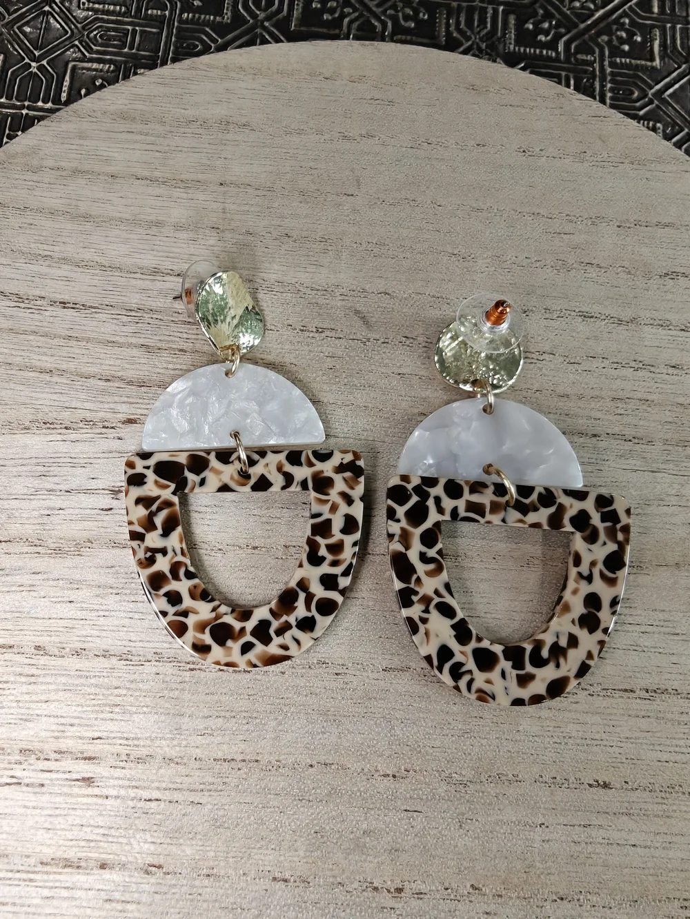 Leopard Pattern Resin Drop Earrings with Pearl Accent - Brown/White